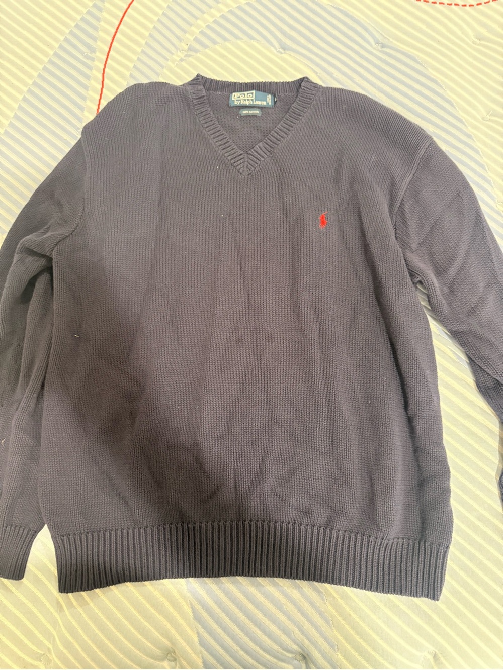 Ralph Lauren Men's Navy V-Neck Sweater with Red Pony